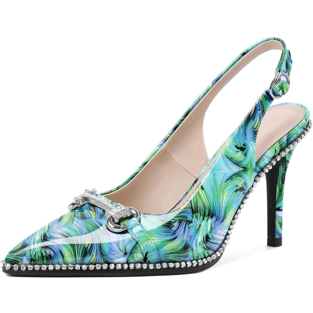 Eldof Women Slingbacks High Heel Pumps Closed  Toe Beaded Rhinestone Slip On